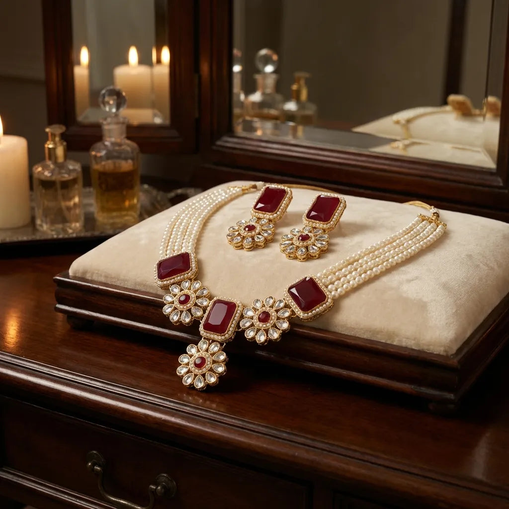 Red Stone Kundan Choker Necklace Set