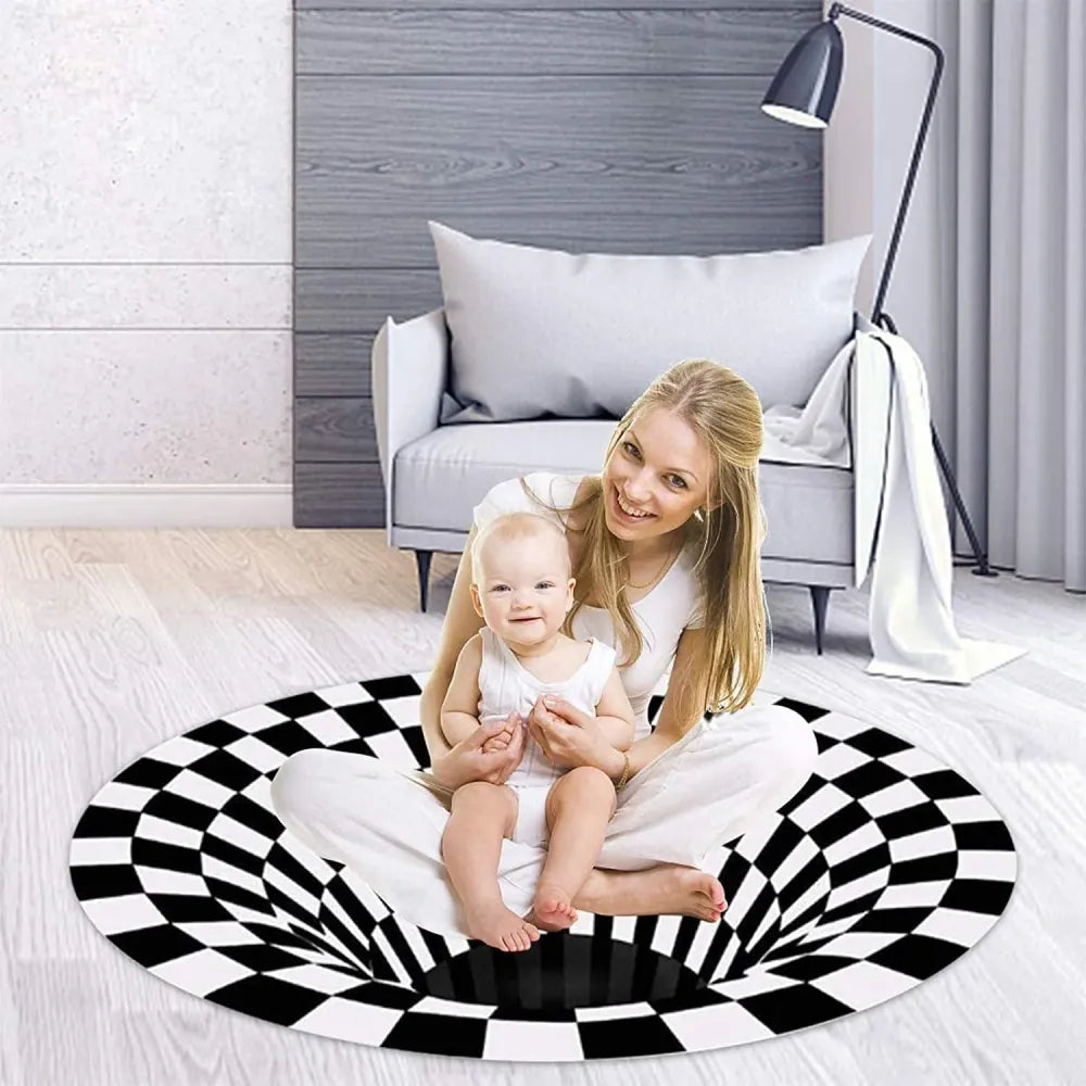 3d round black & white check carpet