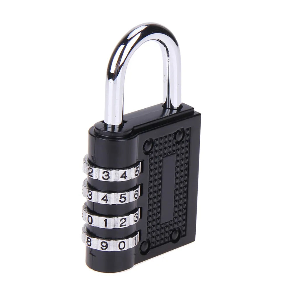 Black combination padlock with chrome shackle.
