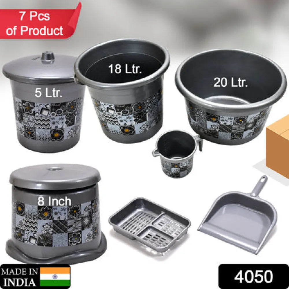 4050 large capacity plastic bathroom set of 7pieces (1pc big tub 1pc bucket1pc dustbin mug soap case dustpan stool)