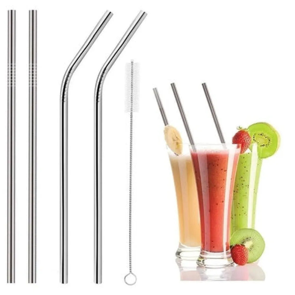 579 set of 4 stainless steel straws brush (2 straight 2 bent 1 brush) - kitchen tool
