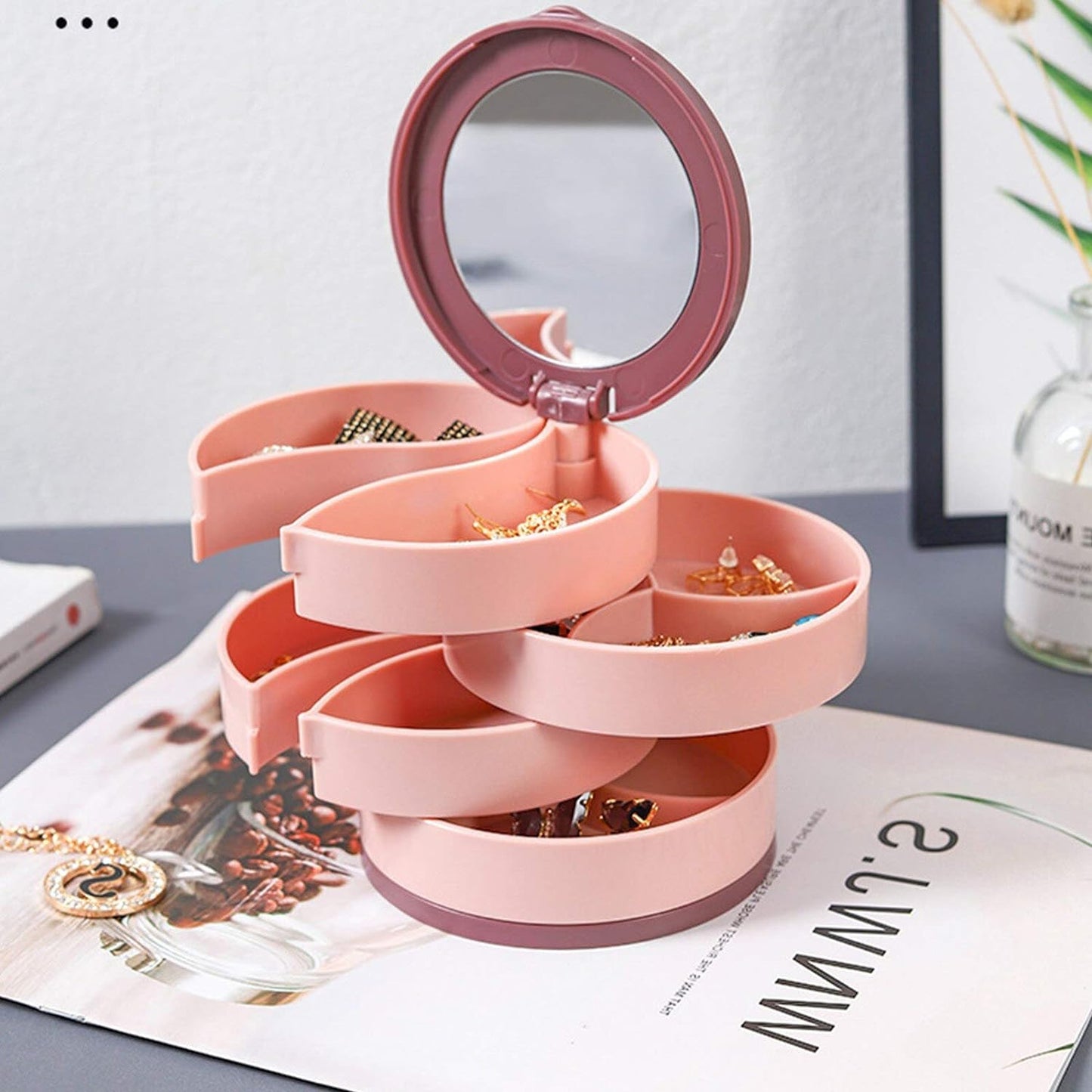 4083 4 Layers Jewellery Box 360 Degree Rotating Jewelry Box Jewelry And Earring Organizer Box With Mirror Accessory Storage Box Travel Decor Portable Jewelry Case Ornaments Storage Box Necklace Jewelry Organizer Jewelry Organizer Box