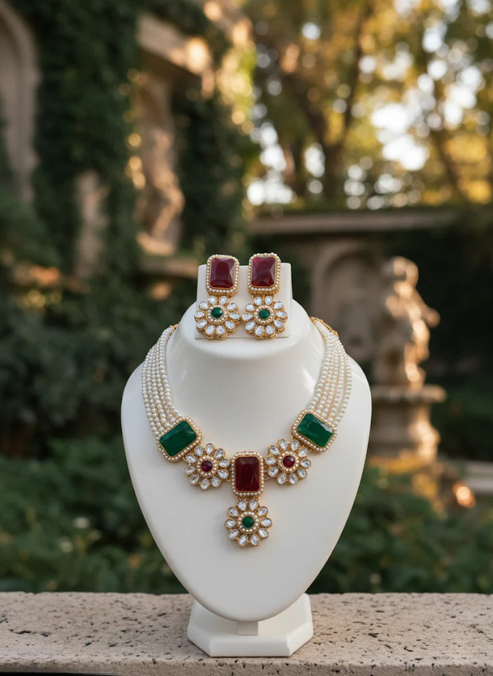 Royal Kundan Necklace Set – Red & Green Stones