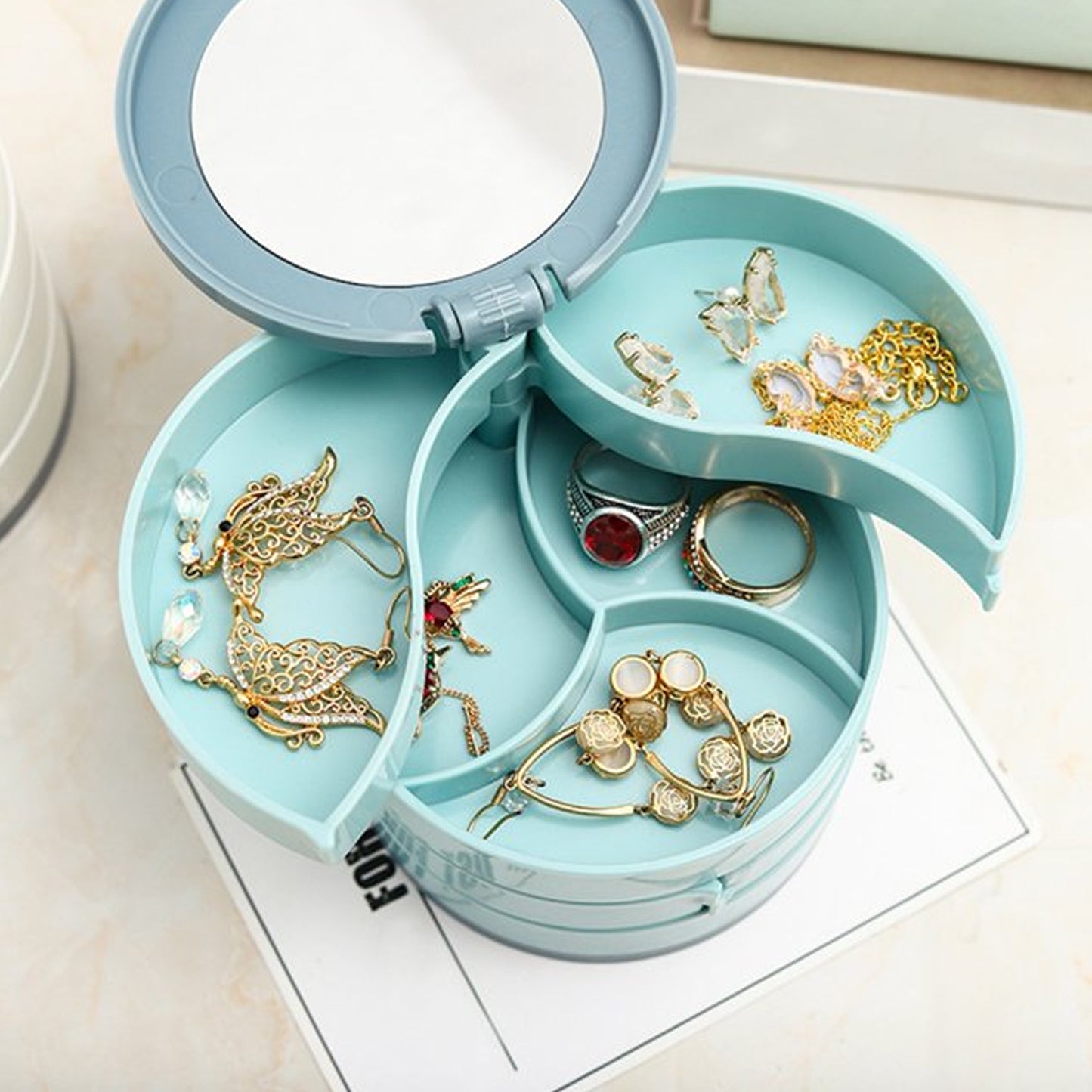 4083 4 Layers Jewellery Box 360 Degree Rotating Jewelry Box Jewelry And Earring Organizer Box With Mirror Accessory Storage Box Travel Decor Portable Jewelry Case Ornaments Storage Box Necklace Jewelry Organizer Jewelry Organizer Box