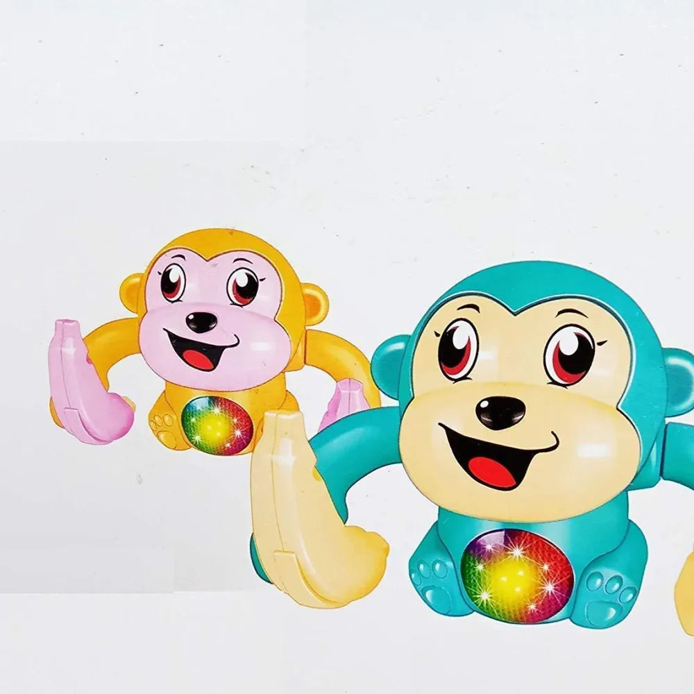 Two colorful toy monkeys holding bananas.