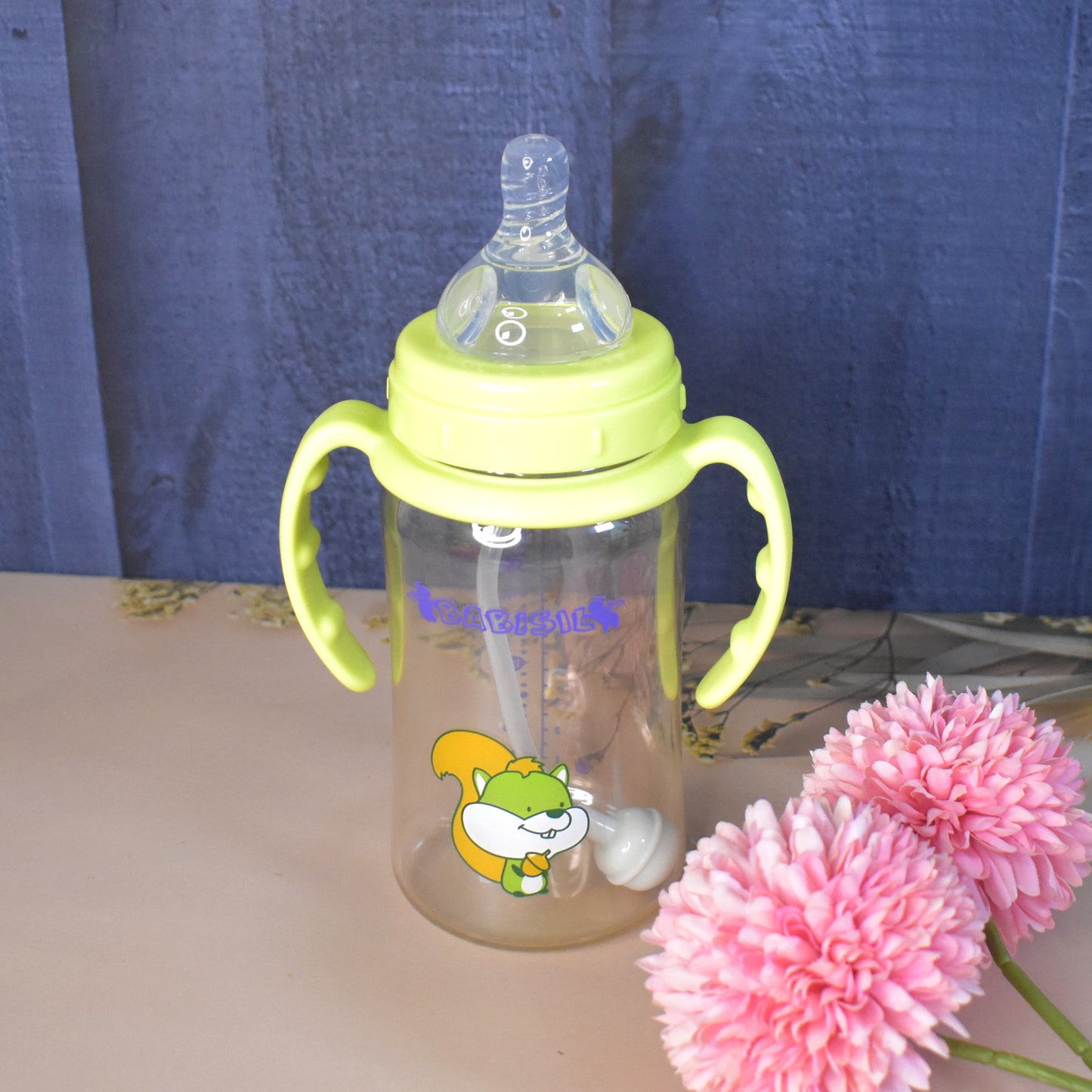 Plastic Baby Feeding Bottle With Handles Cleaning Brush Straw (300 Ml 1 Pc)