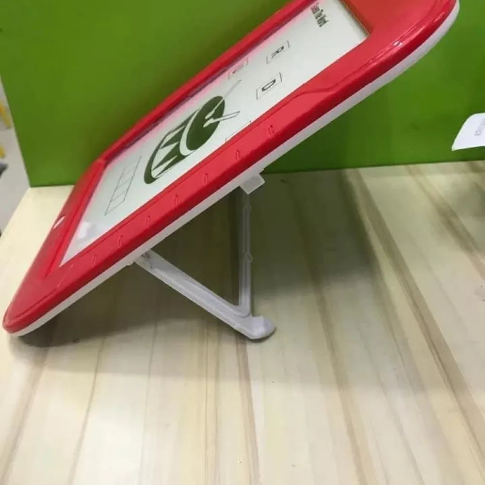 Red-framed tablet with a white stand.