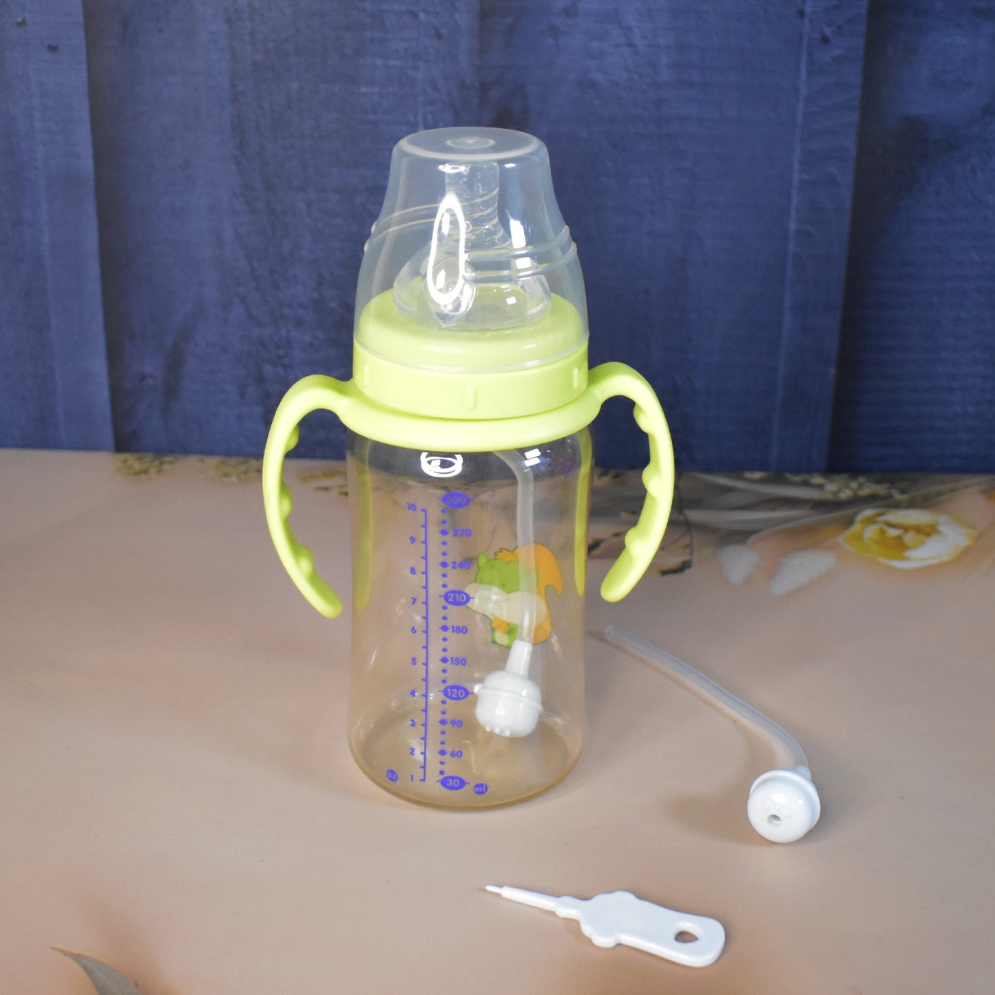 Plastic Baby Feeding Bottle With Handles Cleaning Brush Straw (300 Ml 1 Pc)