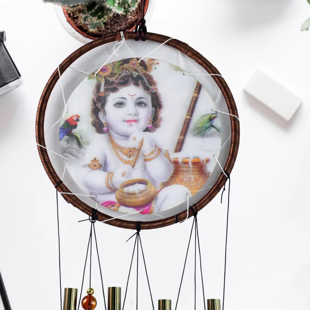 Krishna medallion dream catcher wind chime pendant wall hanging - spiritual home decor - improvement