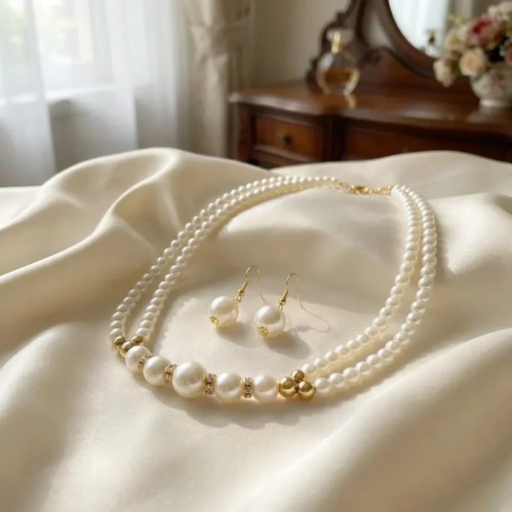 Layered pearl choker necklace set - jeweller set