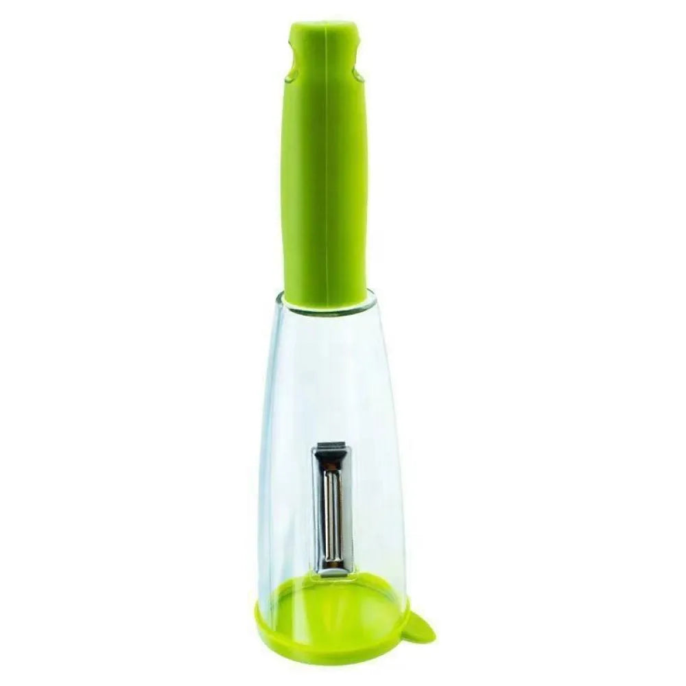 Green handled vegetable peeler with clear plastic container.