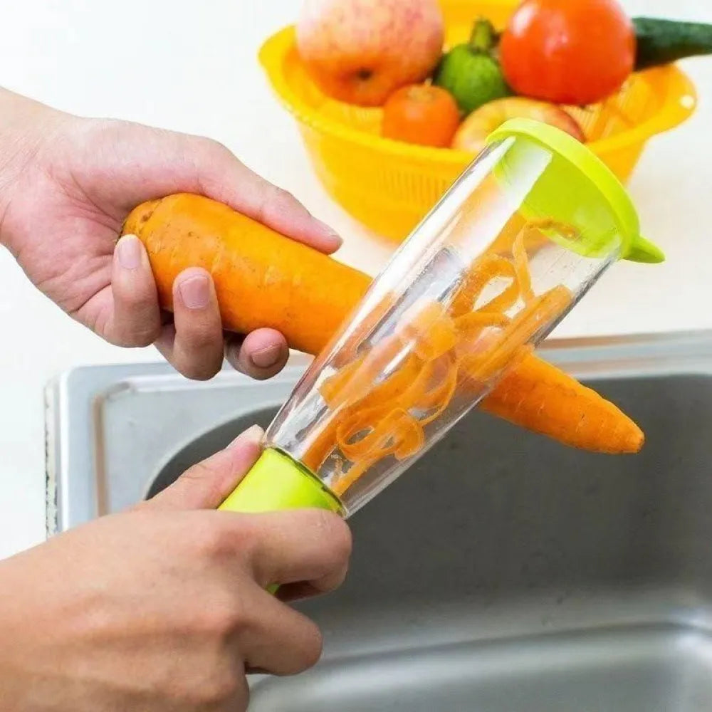 Carrot being spiralized with a green-accented kitchen gadget.