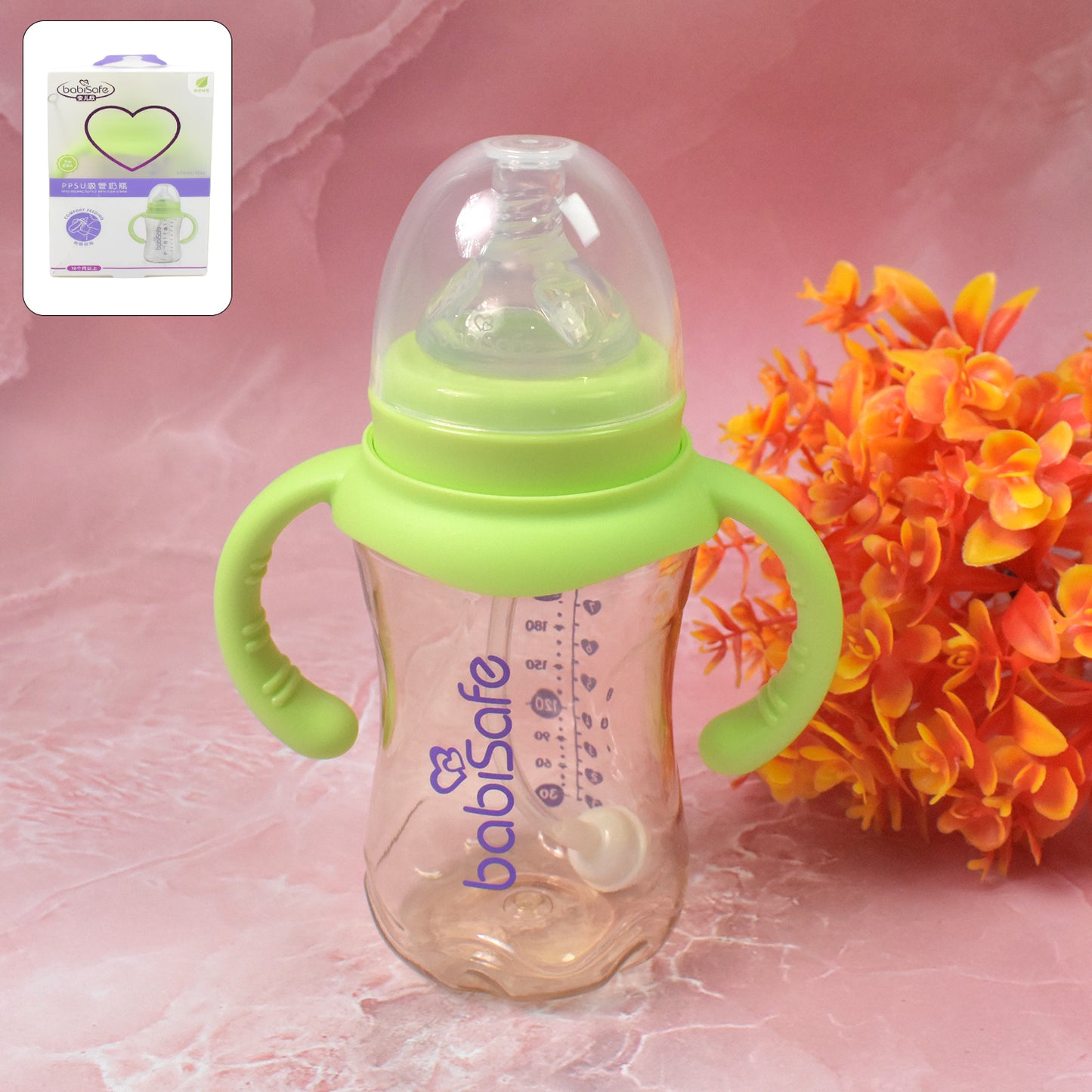 Plastic Baby Feeding Bottle With Handles Cleaning Brush Straw (300 Ml 1 Pc)