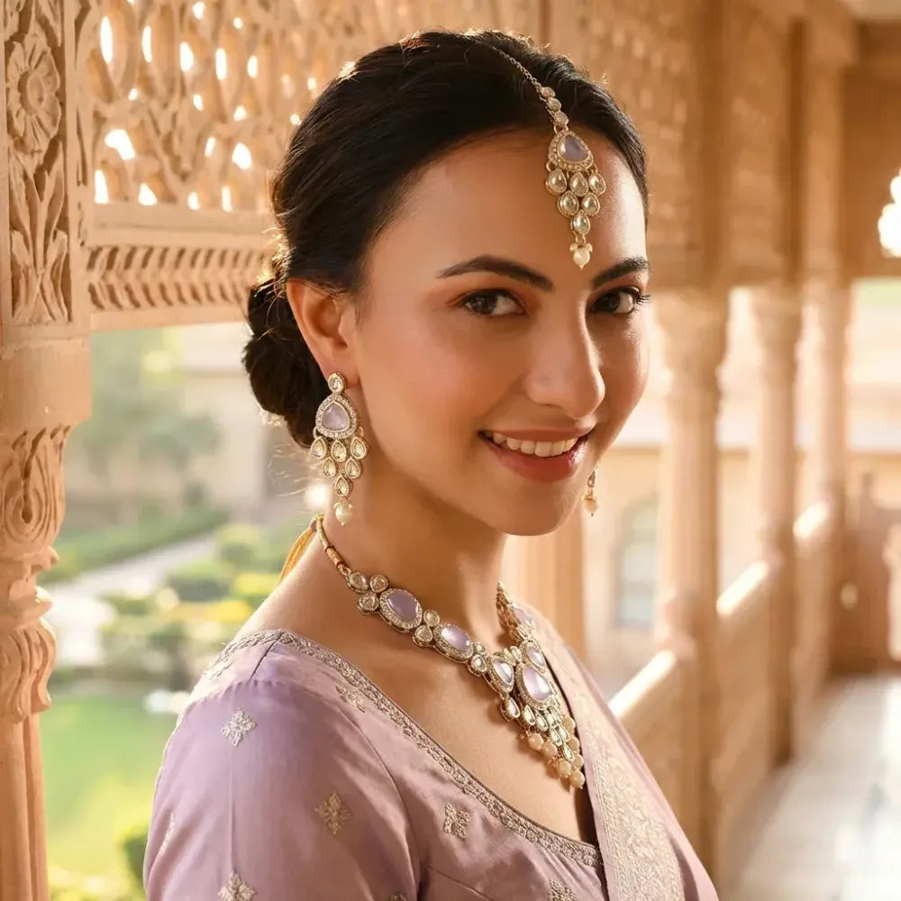 Pastel lavender kundan & pearl set - jeweller set
