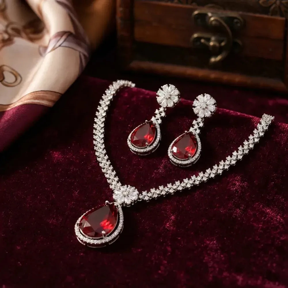 Red stone ad necklace set – 3 pcs