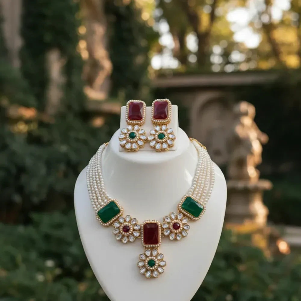 Royal kundan necklace set – red & green stones - jeweller set