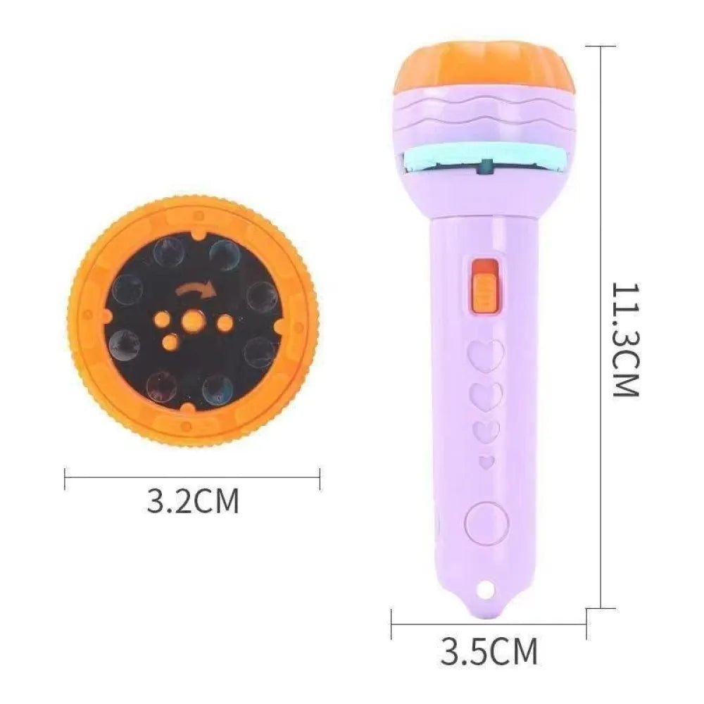 Purple and orange toy projector with dimensions.