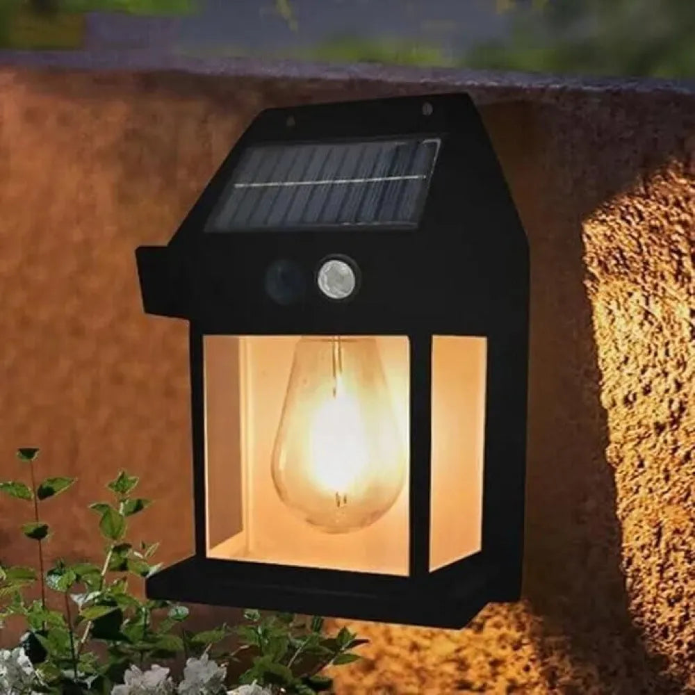 Black solar-powered outdoor light fixture.