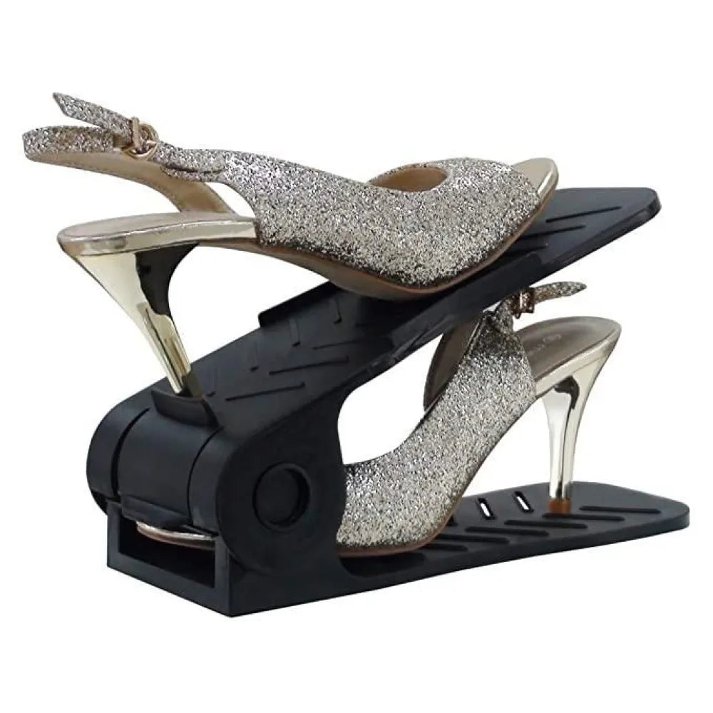 Sparkly high-heeled shoes on a black shoe organizer.