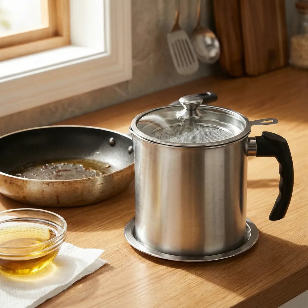 Stainless steel kitchen oil filter with lid - home essentials