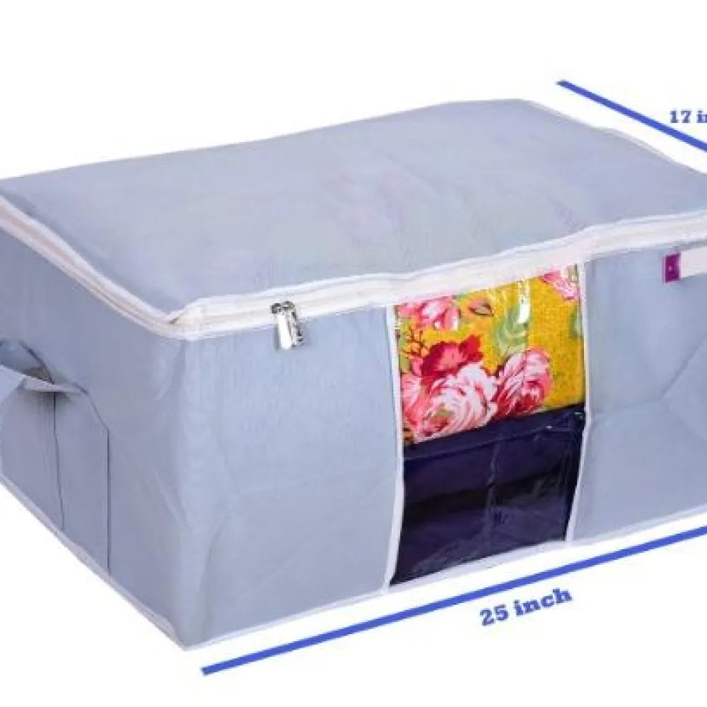 Gray zippered storage container with dimensions.