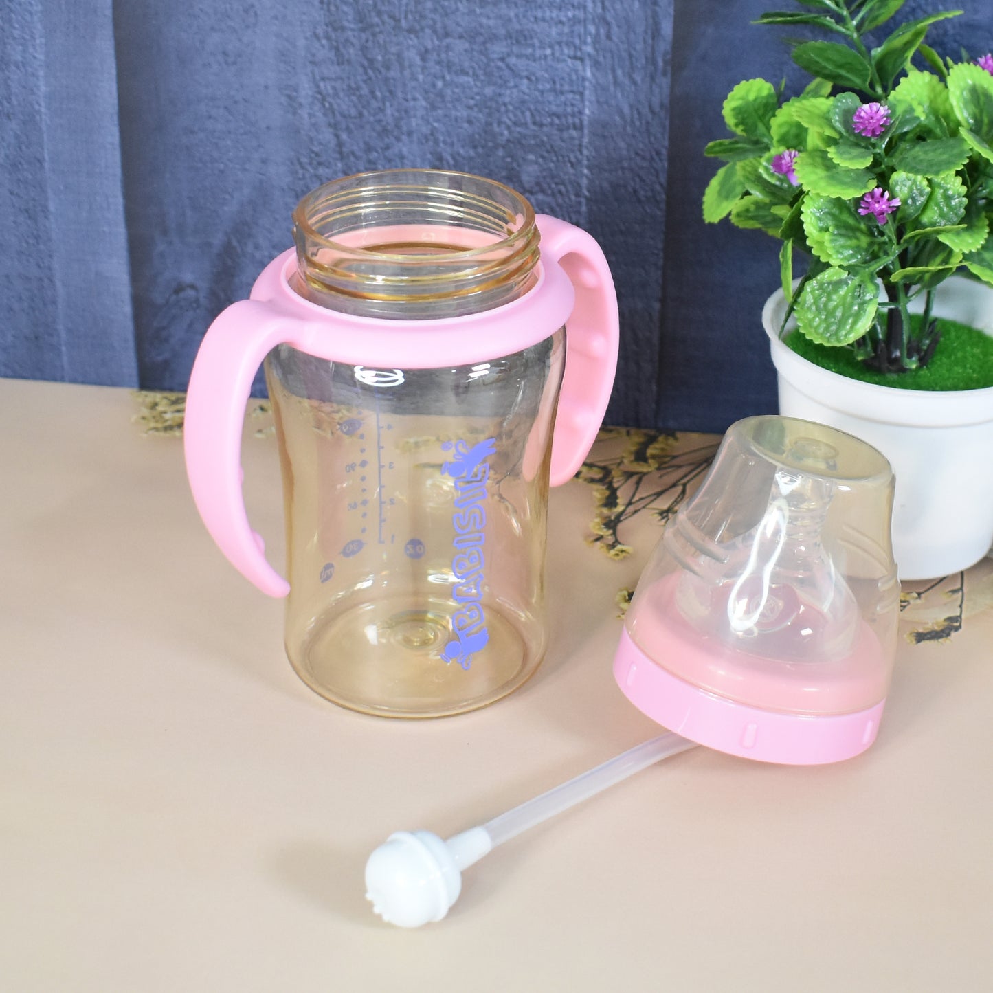 Plastic Baby Feeding Bottle With Handles Straw (220 Ml 1 Pc)