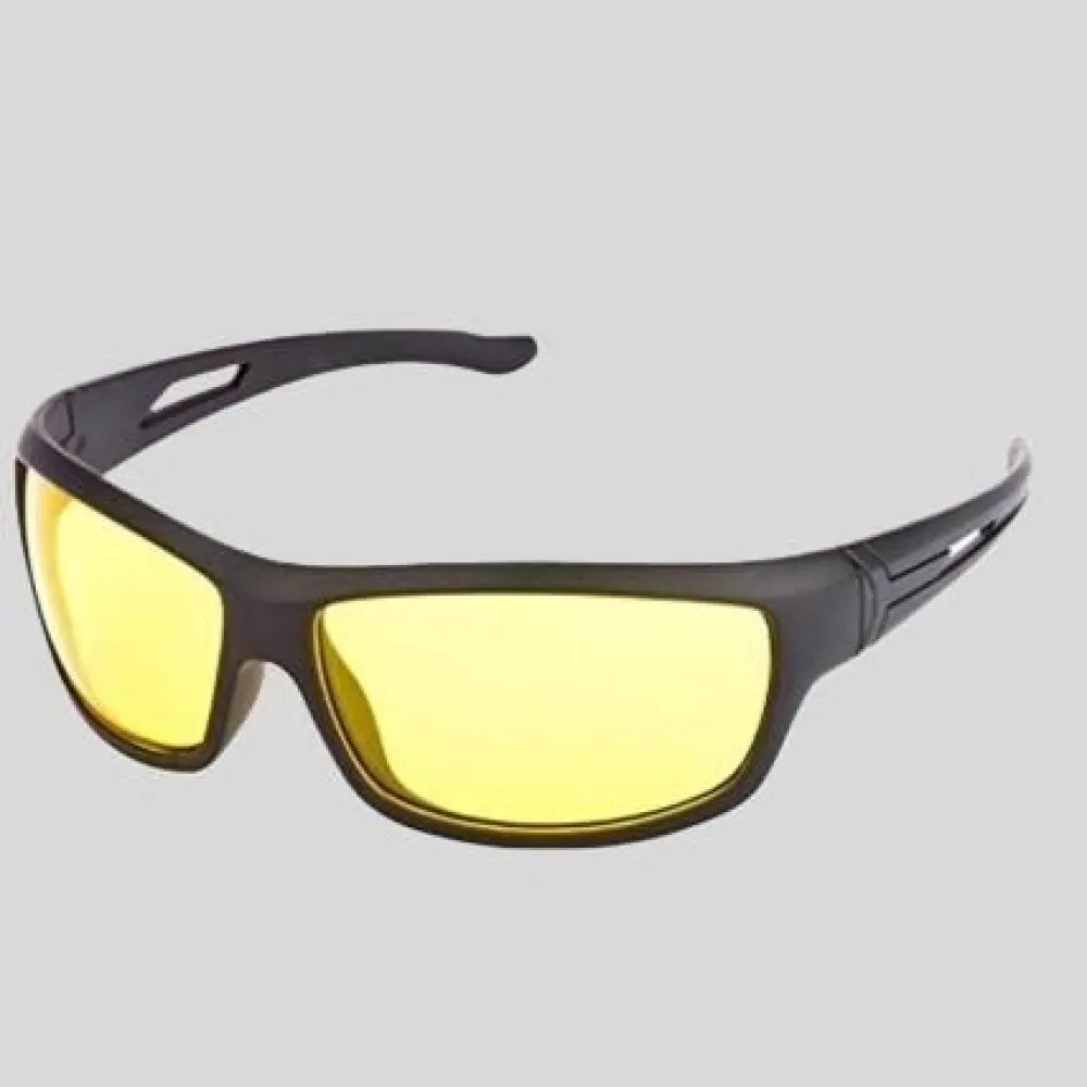 Black framed sunglasses with yellow lenses.