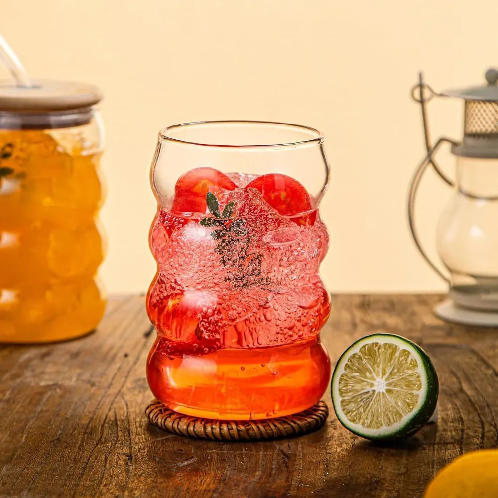 Wave shape glass bottle with wooden cap