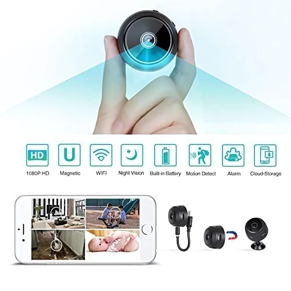 Miniature surveillance camera with magnetic base and smartphone connectivity.