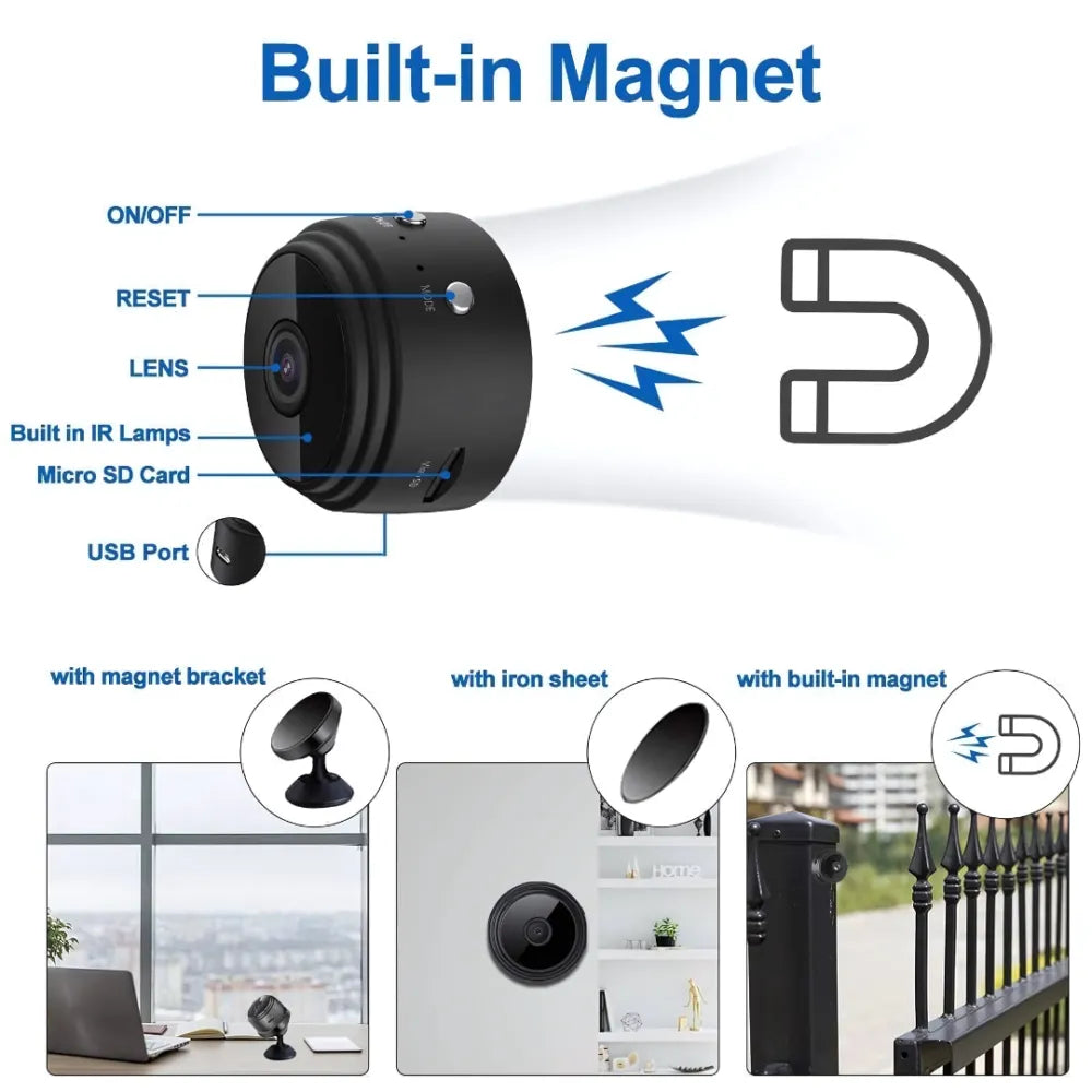 Compact black security camera with magnetic mounting options.