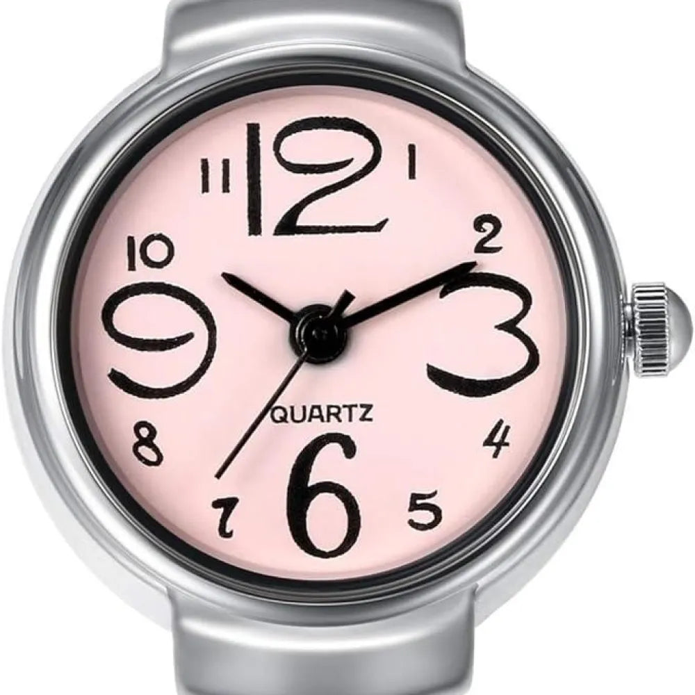 Silver ring watch with pink face.