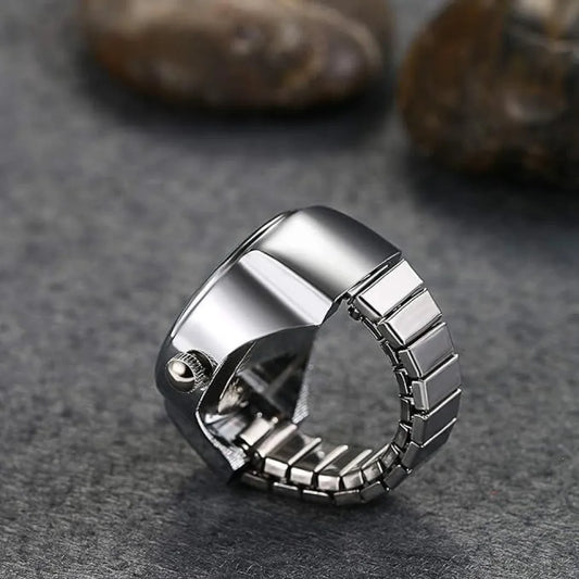 Silver finger watch ring.