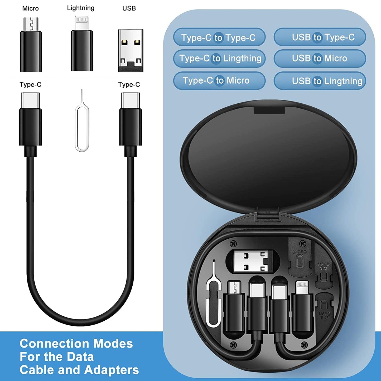 0377 Mini Multi-functional Fast Charging Data Cable Set For Apple Android Type C Charging With Retrieve Card Pinround Storage Boxcompact And Portable Usb Data Cable Storage Box Travel Cable Set (5in1)