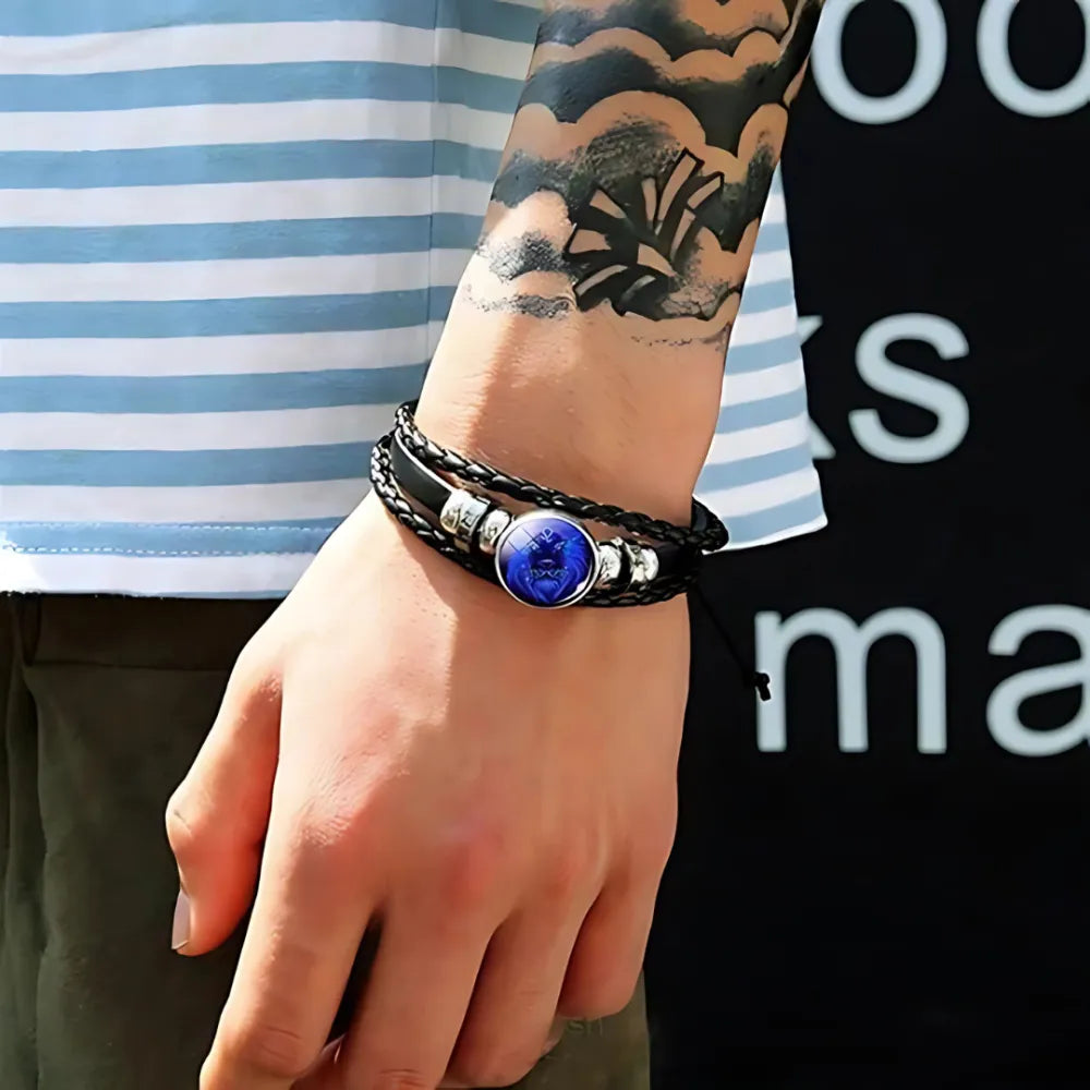 Zodiac constellation black leather bracelet