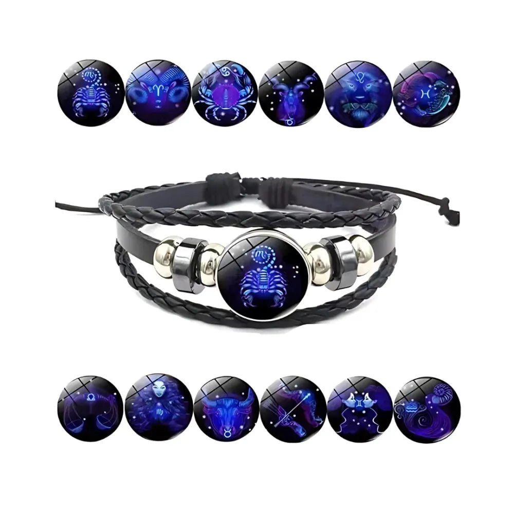 Zodiac constellation black leather bracelet