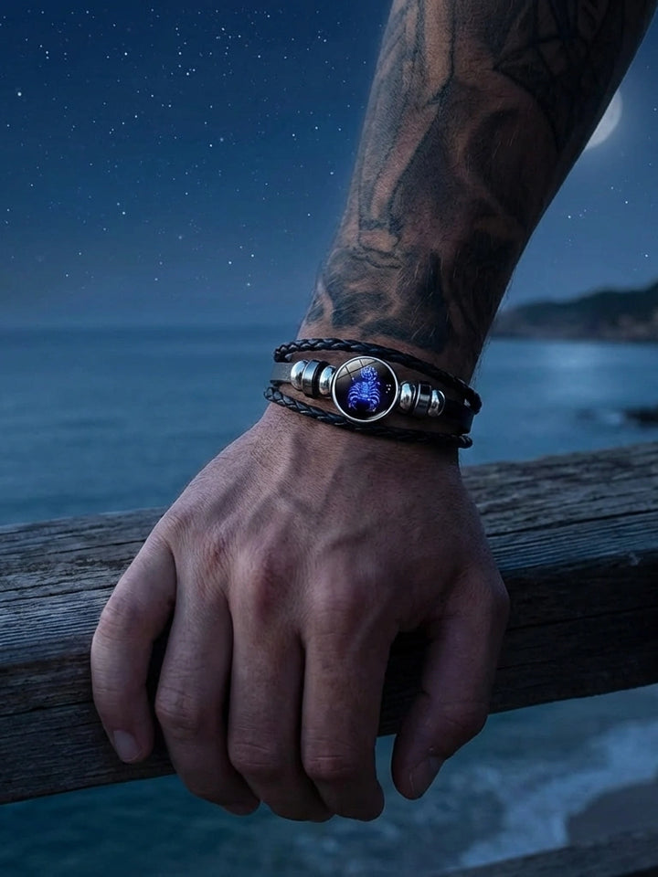 Zodiac Constellation Black Leather Bracelet