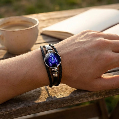 Zodiac Constellation Black Leather Bracelet