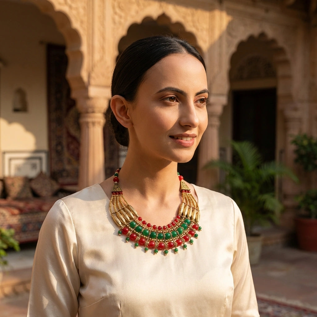Oxidised Red & Green Beaded Necklace