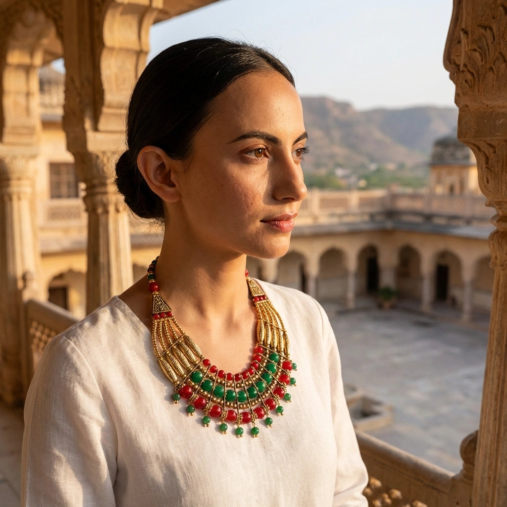 Oxidised Red & Green Beaded Necklace