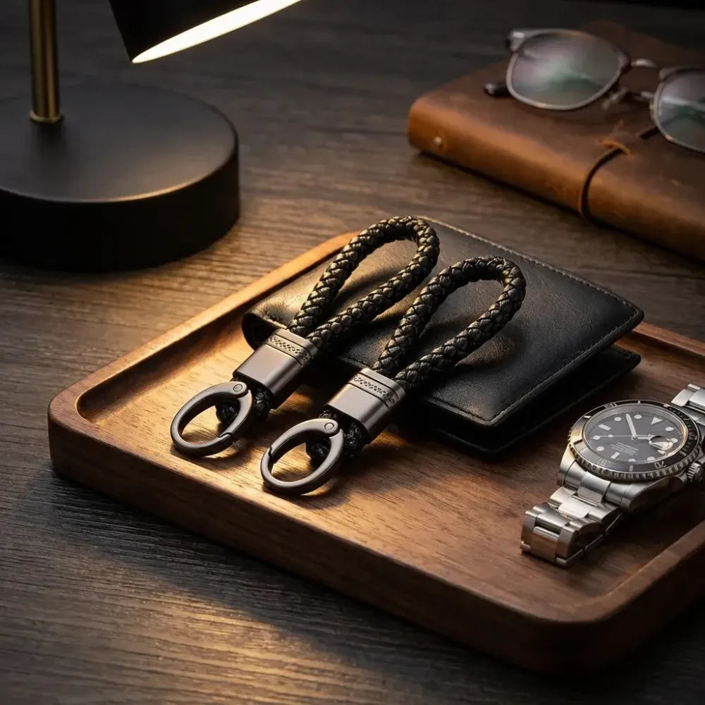 2 pack genuine leather keychain with zinc alloy buckle keyring (black)