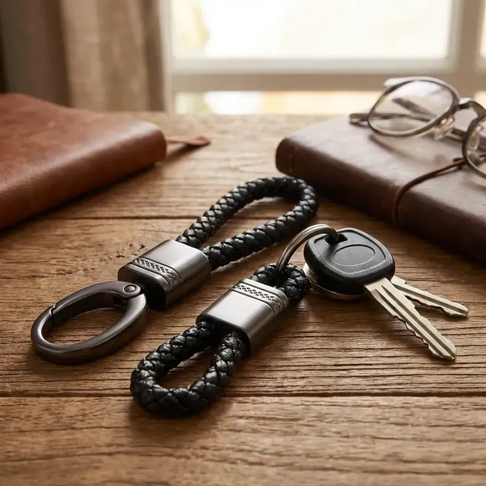 2 pack genuine leather keychain with zinc alloy buckle keyring (black)
