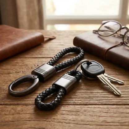 2 pack genuine leather keychain with zinc alloy buckle keyring (black)