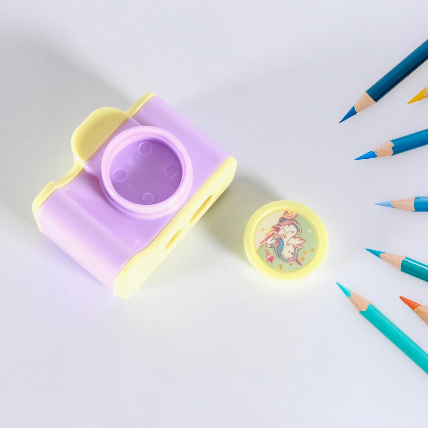 Camera-shaped pencil sharpener