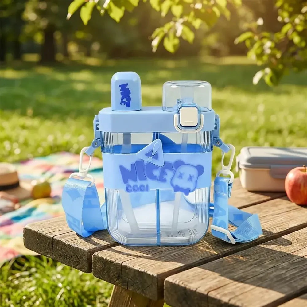 2in1 dual compartment water bottle with straw and adjustable shoulder straps (1 pc multi color) - home & kitchen
