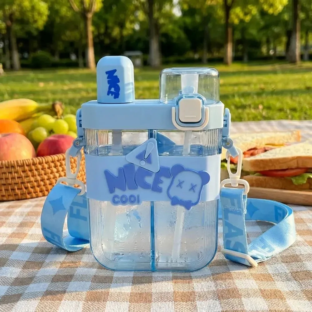 2in1 dual compartment water bottle with straw and adjustable shoulder straps (1 pc multi color) - home & kitchen