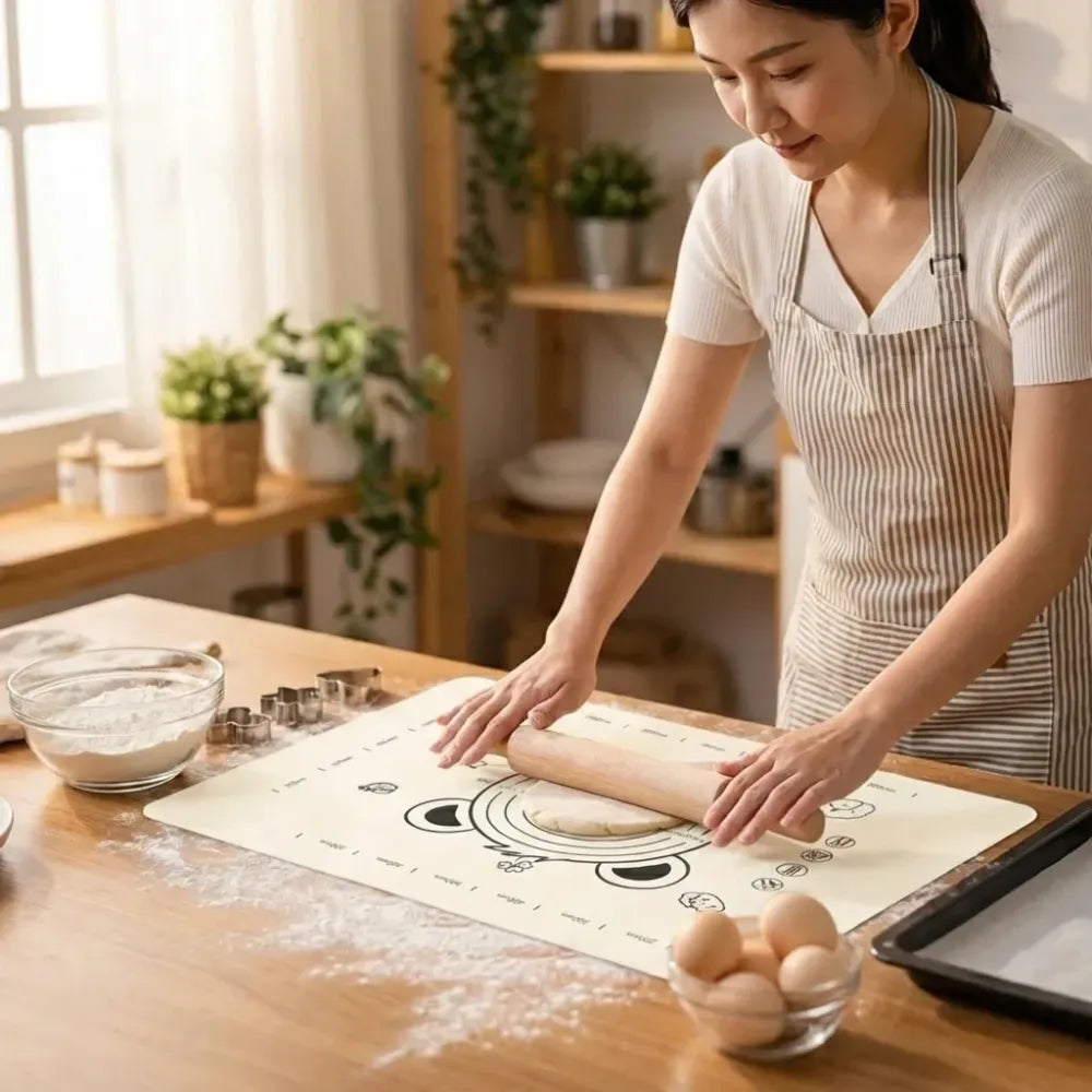 3 in 1 low silicone baking mat with wooden belan cake scraper (3 pcs set 7050 cm) - kitchen tool
