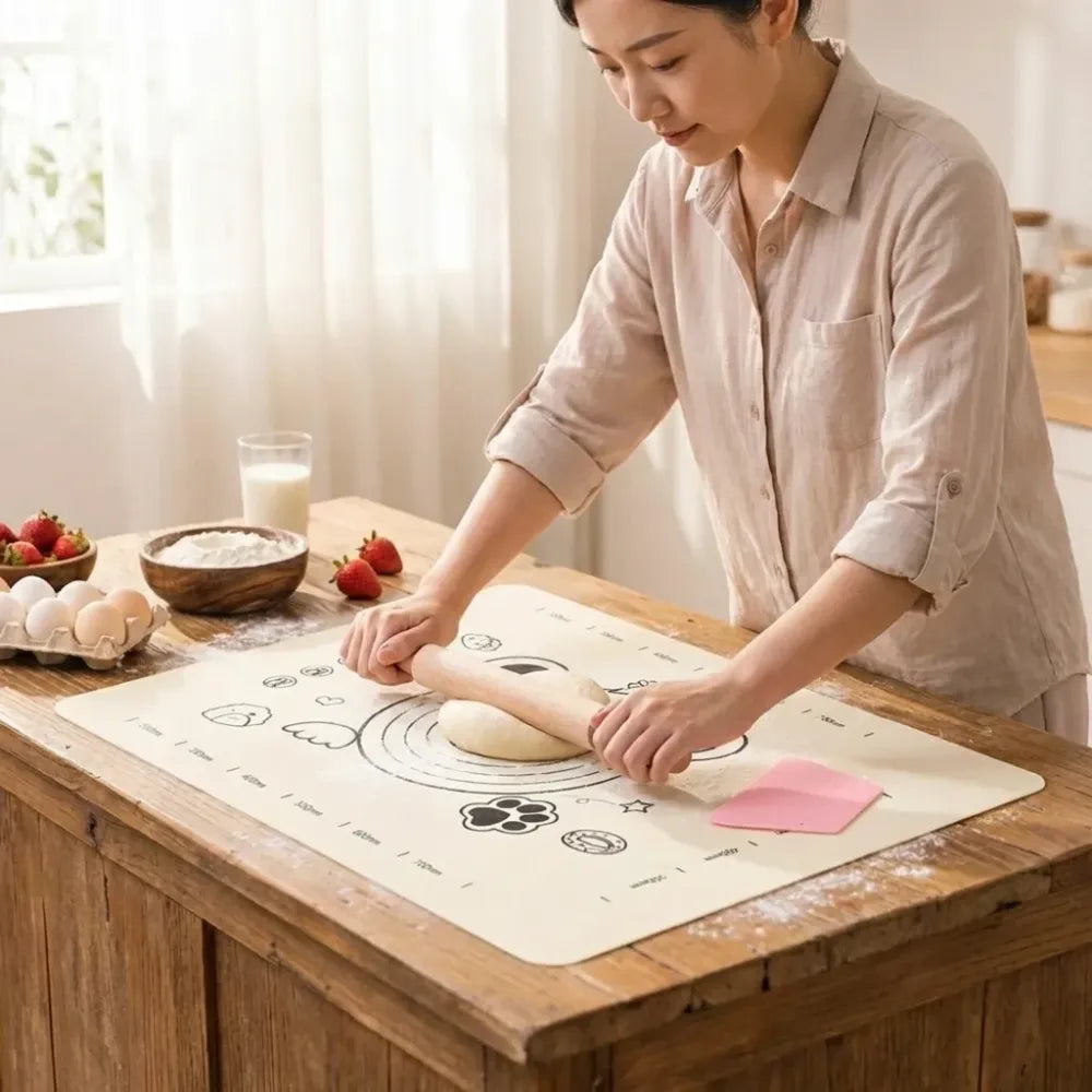 3 in 1 low silicone baking mat with wooden belan cake scraper (3 pcs set 7050 cm) - kitchen tool