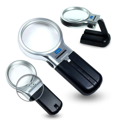 3 in 1 portable magnifying lens hand-held folding magnifier glass with led lights