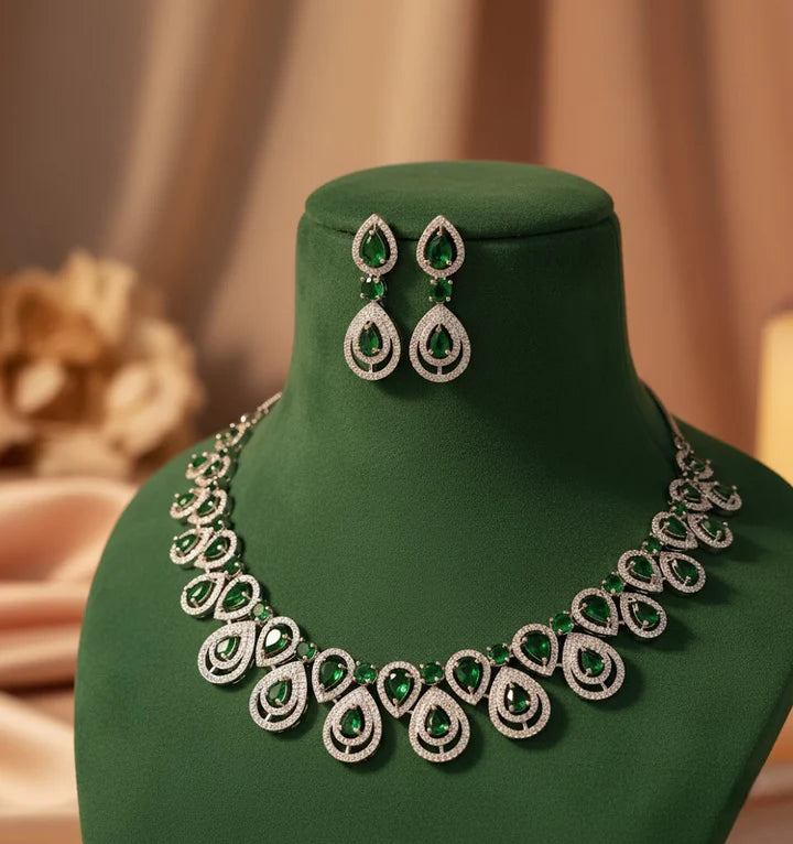 American Diamond Green Necklace Set