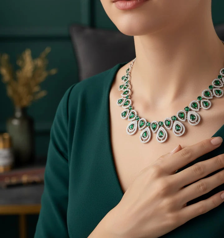 American Diamond Green Necklace Set